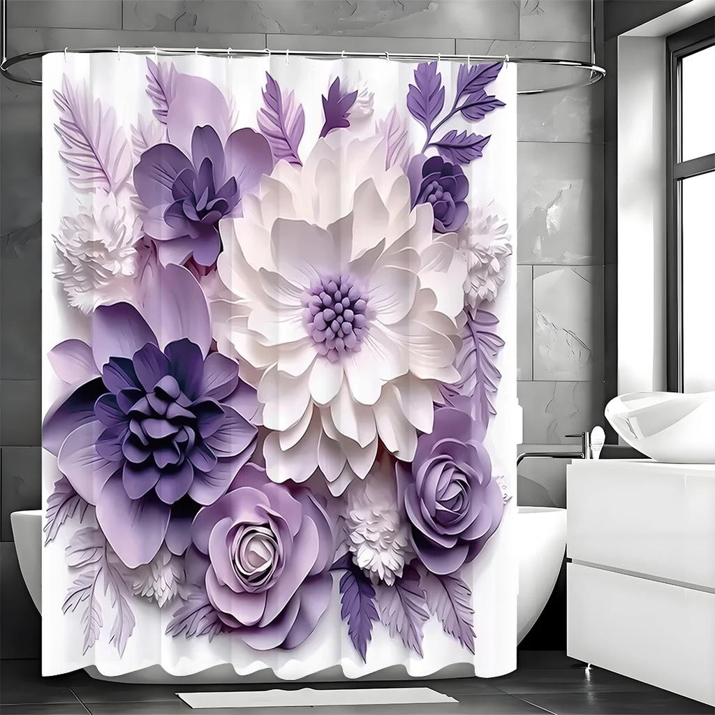 Purple Floral Light Relief Art Shower Curtain, Bathroom Decorative Shower Curtain, Waterproof Shower Curtain with Hooks