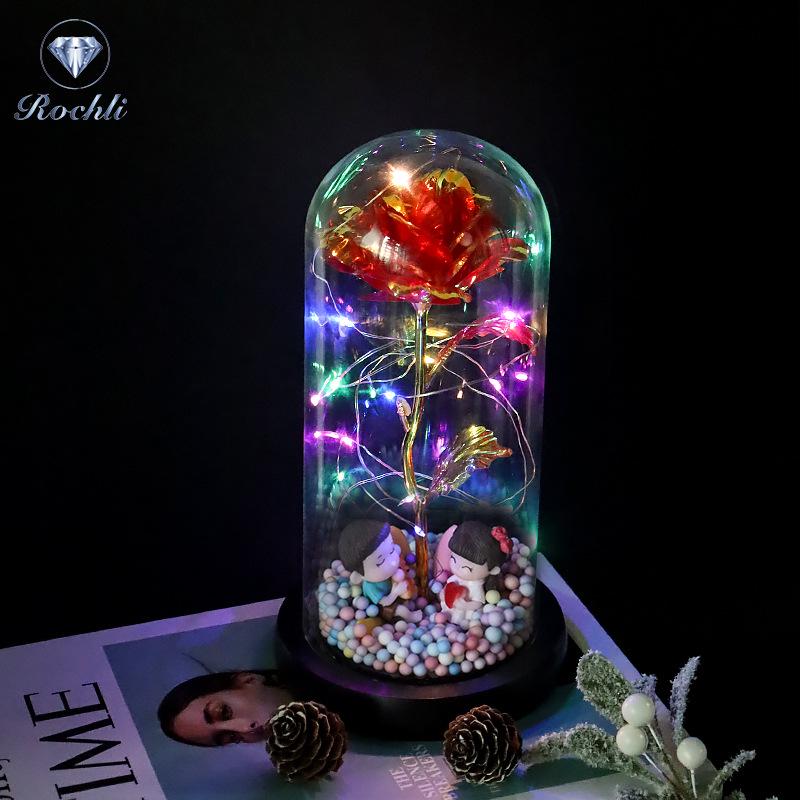 Rose Flower Preserved in Glass Dome with Night Light - Mother's Day or Birthday Gift Ornament