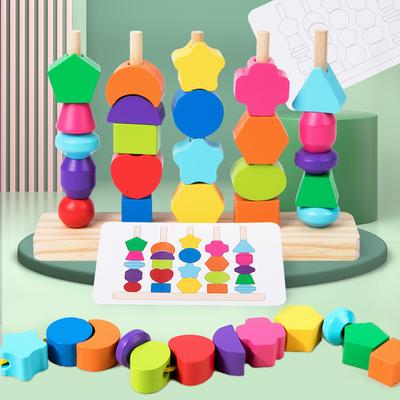 Montessori Holzperlen Sortierspiel Set, Fünf Säulen Stapeln Bunte Blöcke, Auffädelperlen, Formensortierer