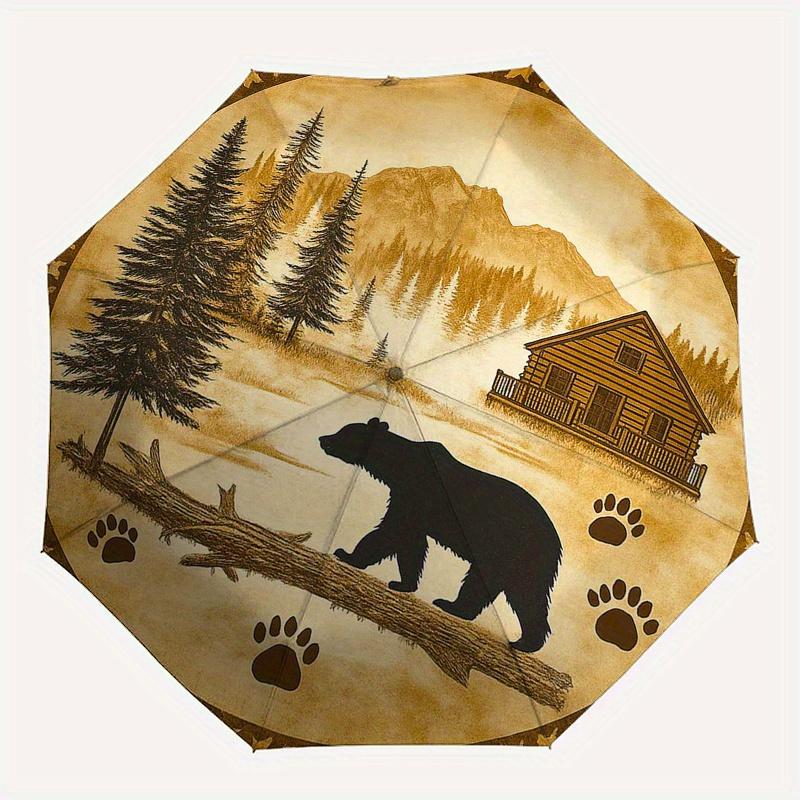 Woodland Retreat: Cabin & Bear Silhouette Decorative PlateUmbrella, Portable 3-Fold Compact Umbrella for Men & Women Gift