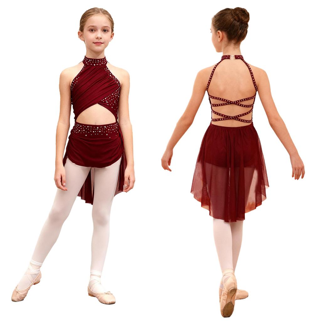 Kids Girls Modern Lyrical Dance Dress Ballet Figure Skating Gymnastics Leotard Bodysuit Costume Strappy Back Latin Jazz Dress