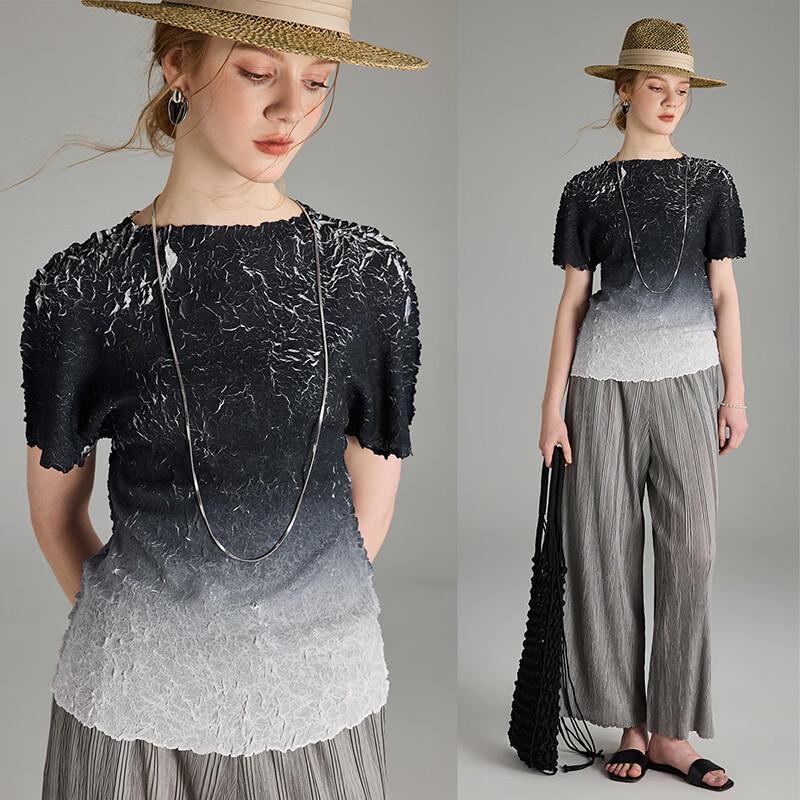 Women s French Round Neck Gradient Print T-Shirt L