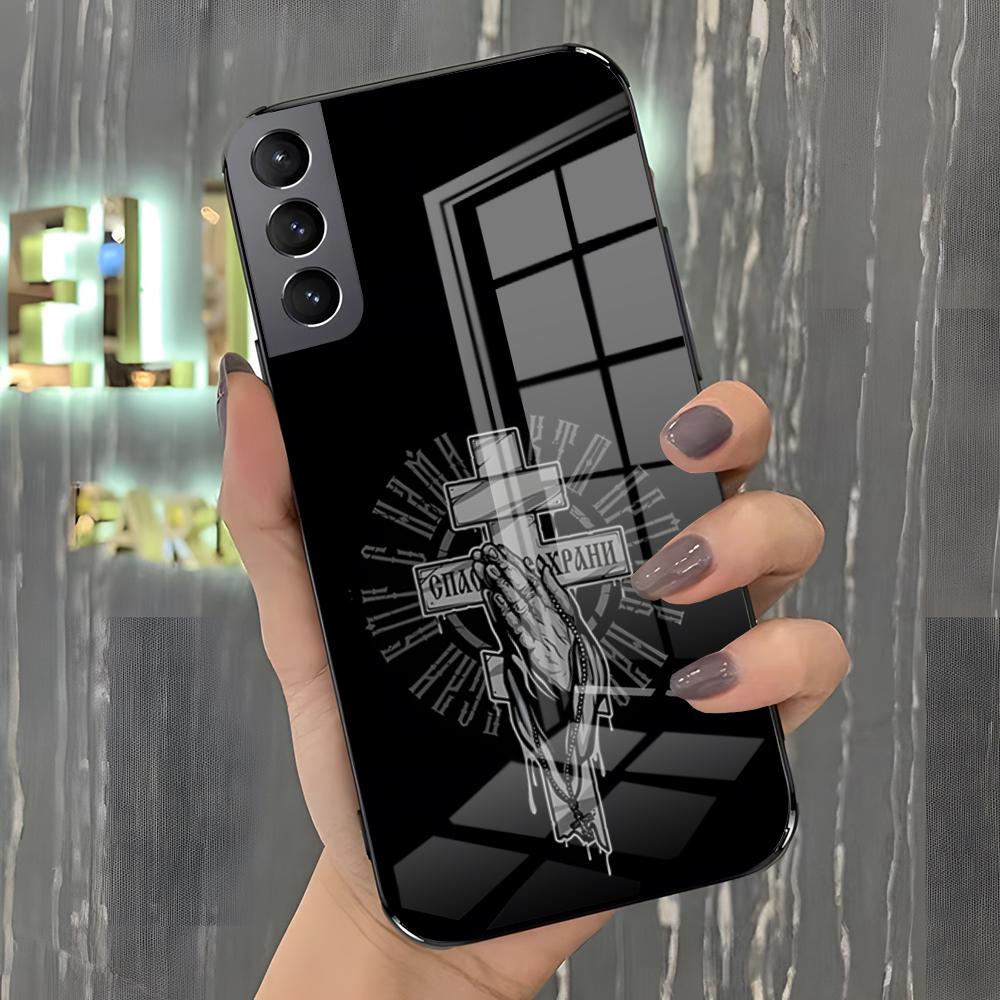 Orthodox Cross Icon Phone Case For Samsung A25 A13 A33 5G A54 A36 A35 A56 A52 A14 Shockproof Glass Cover