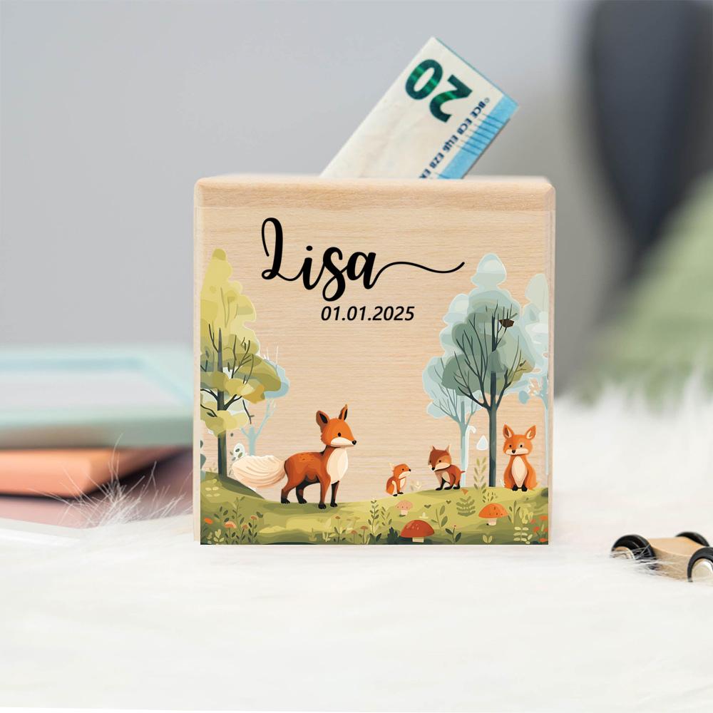Personalized Wooden Piggy Bank with Name Personalized Money Wooden Box Cute Animal Pattern Collection Box Kids Birthday Gifts