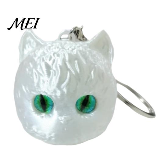 Cute Cat Head Accessory 3D Printed Keychain, Kawaii Kitten Bag Charm with Pearlescent Finish & Bright Green Eyes, Lightweight Animal Pendant Key Ring