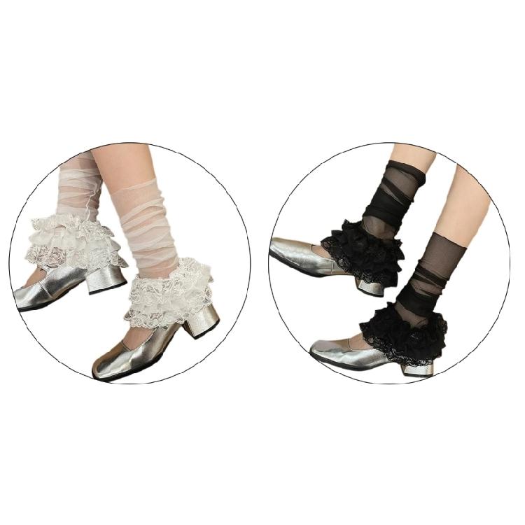 Japanese Style Women Sheer Mesh Leg Cover Tiered Ruffle Lace Flared Long Sock
