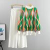 Causal Contrasting Color Knitted Trousers Suit Women Autumn Winter Loose Long Sleeve Sweater Wide Leg Pants Outfits Two Piece Set