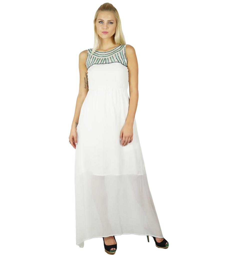 Bimba Women White Long Maxi Dress Half Lined With Beaded Neckline