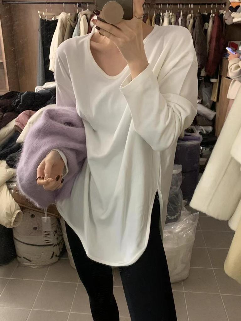 Basic white T-shirt women's large size loose top Dongde velvet warm split-ended long-sleeved inner bottoming shirt
