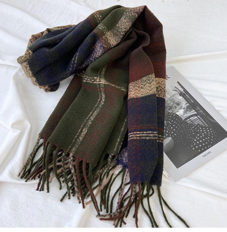 Women's High-End Plaid Tassel Shawl - Imitation Cashmere, Thickened & Warm for Autumn/Winter