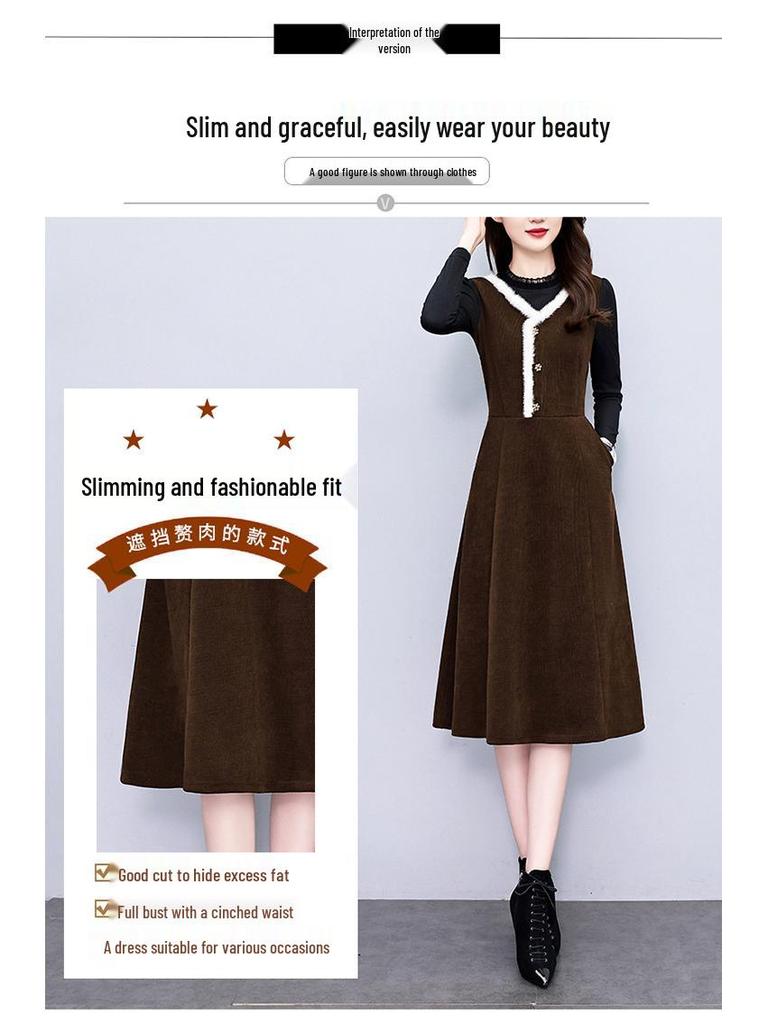 2026 Autumn/Winter Elegant Hepburn Style Slimming Patchwork Mid-Length Dress