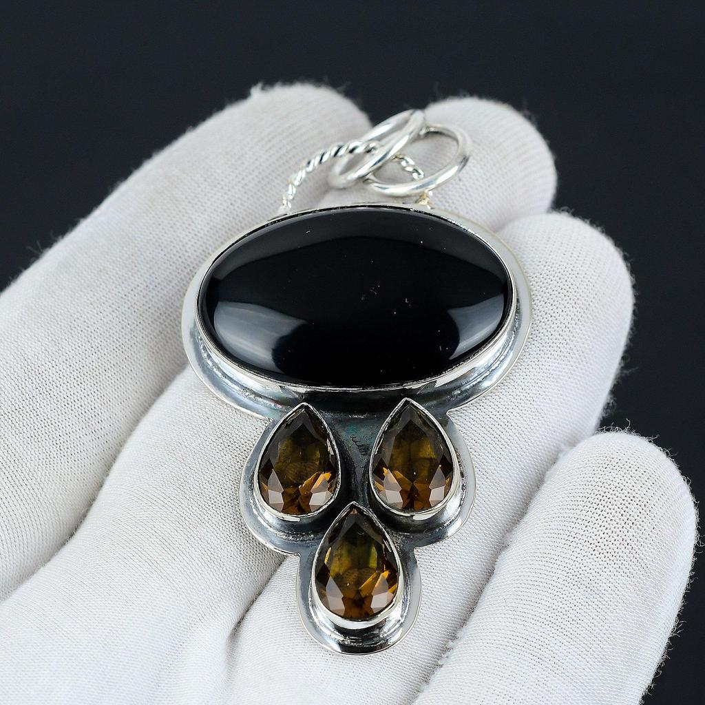 Black Onyx, Honey Topaz Gemstone Silver Pendant, 925 Sterling Silver Jewelry Pendant, Natural Black Onyx Pendant For Women Pendant For Her