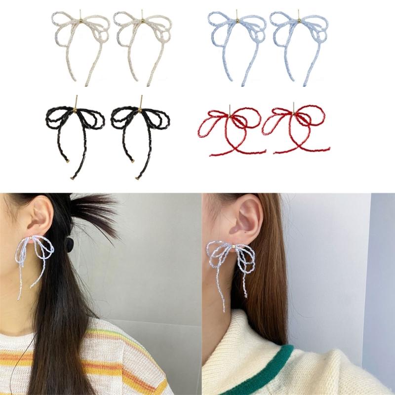 Exquisited Beaded Bowknot Drop Earrings Simple Dangle Earrings Fashion Tassels Drop Earrings Jewelry Small Hoop Earrings