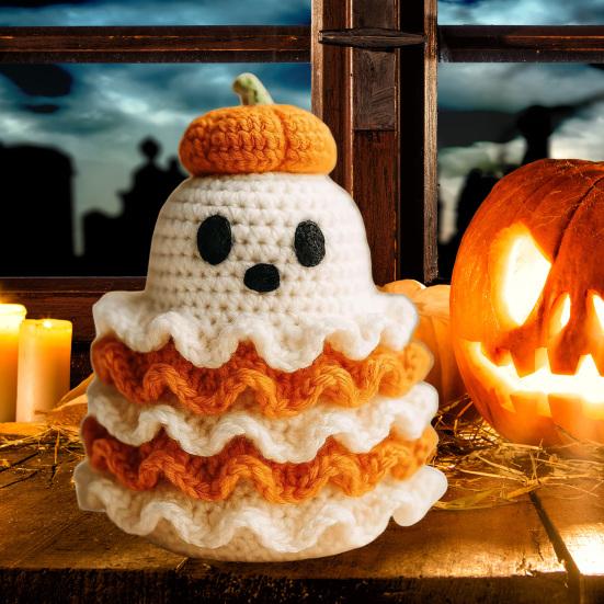 Halloween Crochet Ghost Handmade Knitted Ghost with Pumpkin Hat Cute Plush Ghost Tabletop Decoration