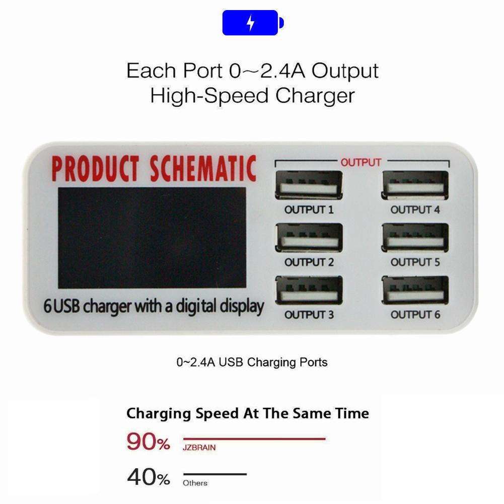 USB Charger Portable Multi USB Port Charger 6 Ports USB Socket Fast Charger with LCD Display