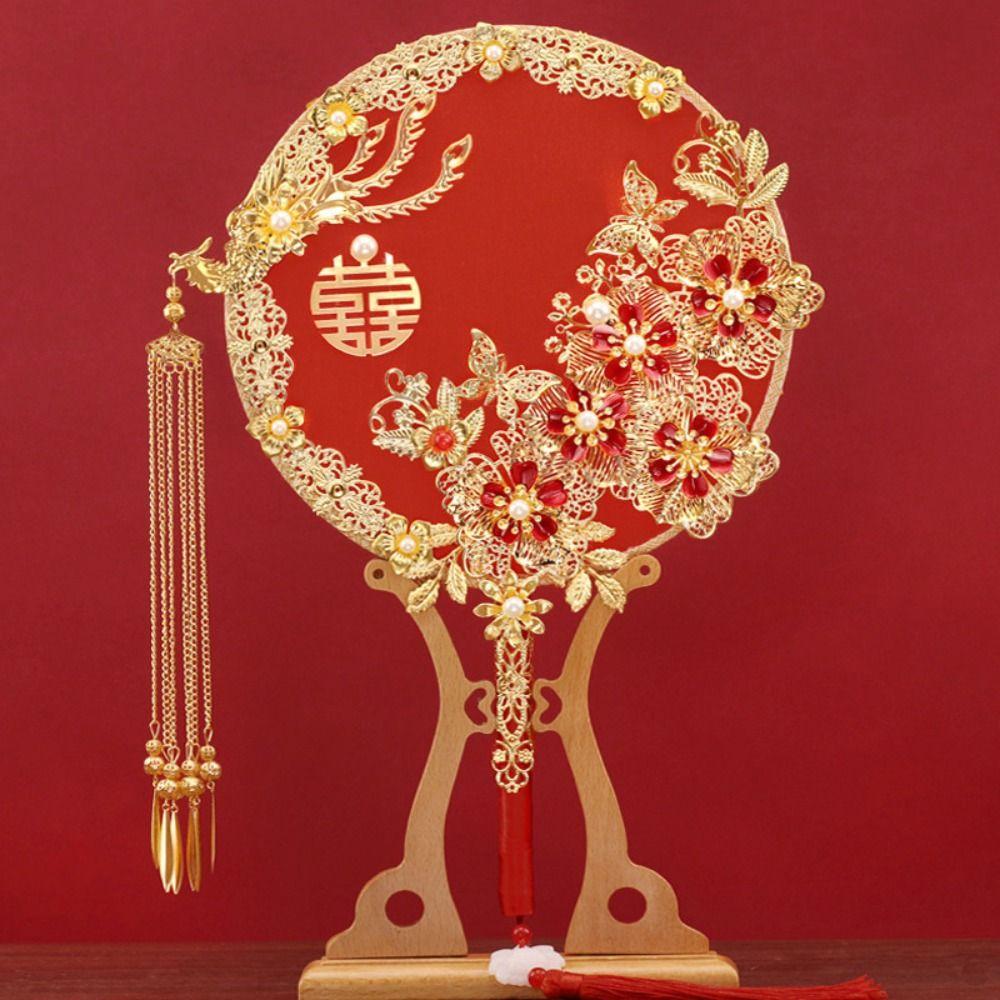 Tassels Phoenix with Pendant Handheld Bridal Group Fan Hand Bouquets Chinese Fan Embroidery Fan