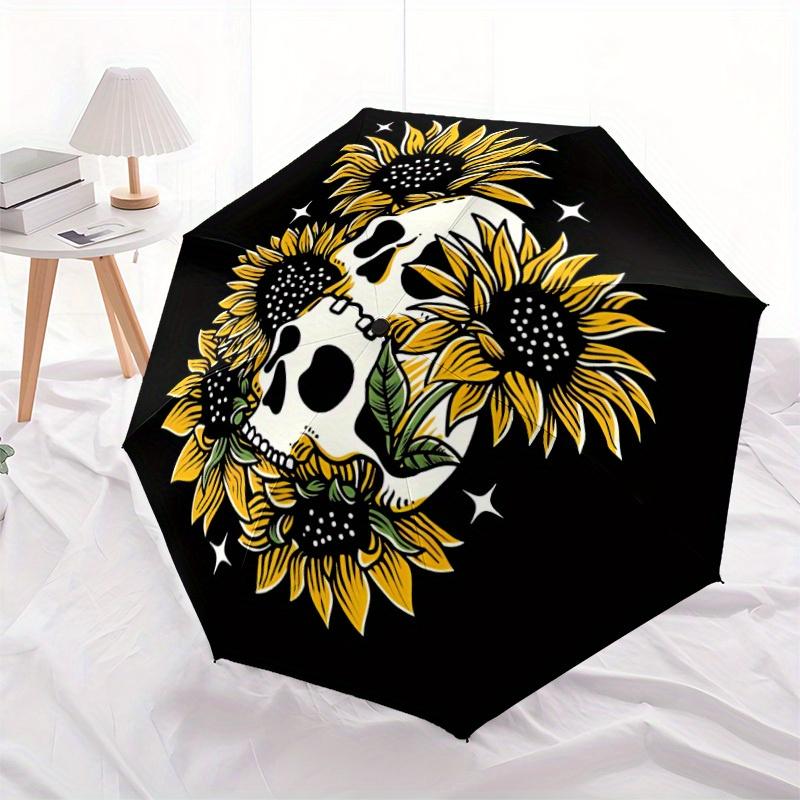 1pc Skull Sunflowers Auto Open/close, All-Season Portable Folding Umbrella for Women & Men, Travel, Everyday, Formal Events - Compact Luxury Parasol,