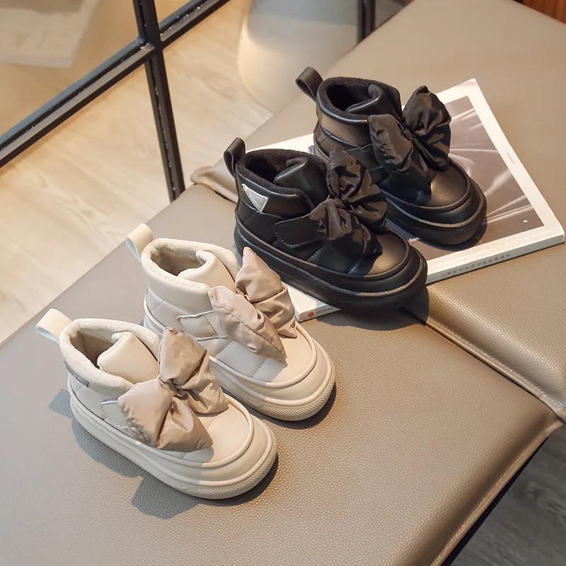 Girls Cotton Plush Warm Short Boots 2024 Winter Princess Korean Style Bow Ankle Boots Little Kids Fashion Casual Shoes Non-slip