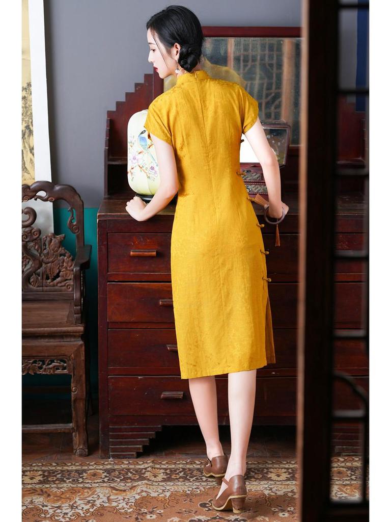 2022 Blue Waist-Slimming Retro Chinese Raglan Sleeve Tencel Cotton Cheongsam