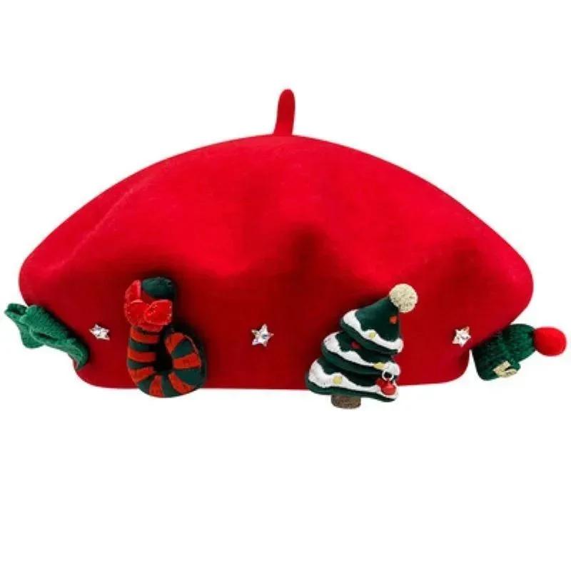 New Christmas Beret Retro Red Hat Female Winter Bow Christmas Tree Beret Warm Student Hat Female Painter Hat New 2024