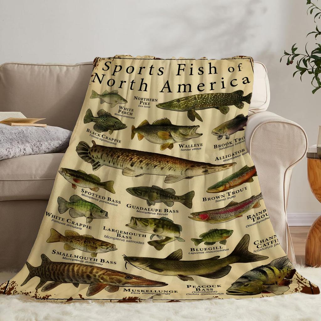 Flannel Sport Fish Print Throw Blanket Super Soft Cozy Nap Blanket for Bed sofa Office Travel Machine Washable Perfect Home Gift