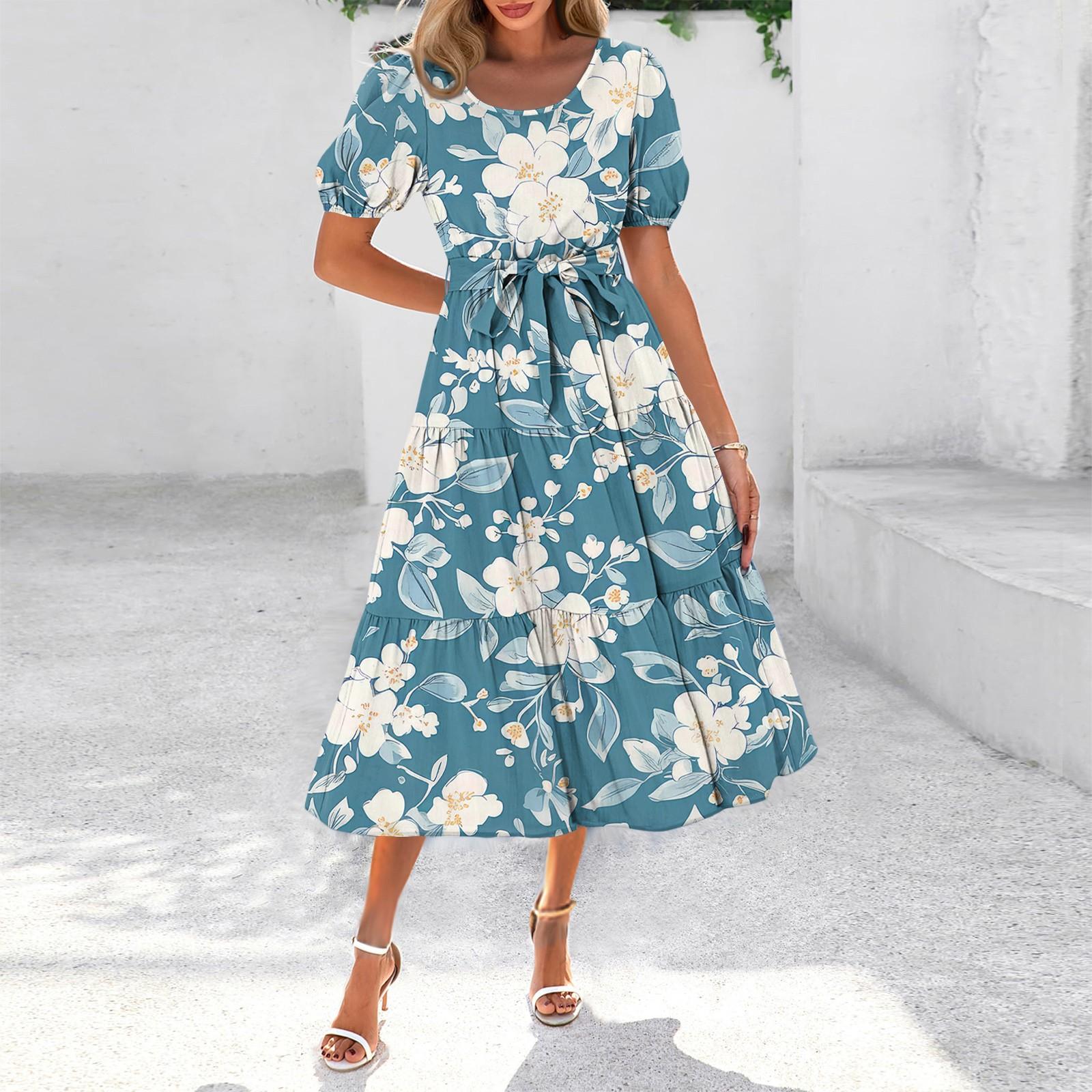 

Жіноча літня сукня максі з короткими рукавами, круглим вирізом, поясом на талії, богемна, вільна, багатошарова, з кишенями L