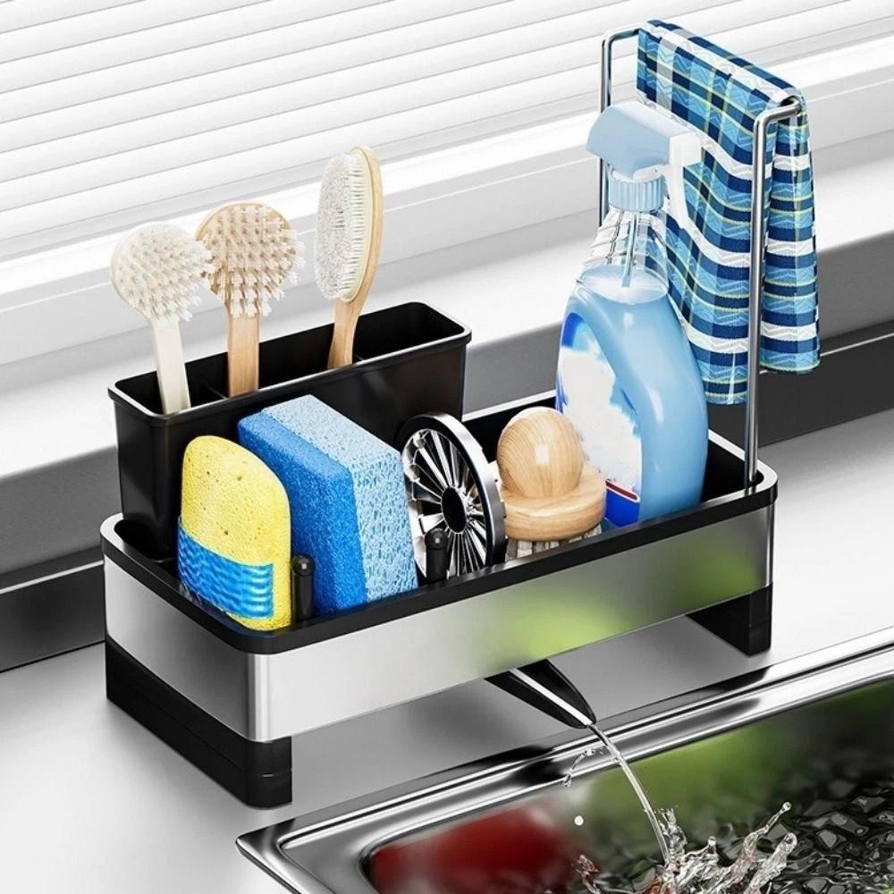 Stainless Steel Sponge Drain Rack Detachable Large Capacity Soap Sponge Holder Self-draining Space Saving Cloth Storage Rack