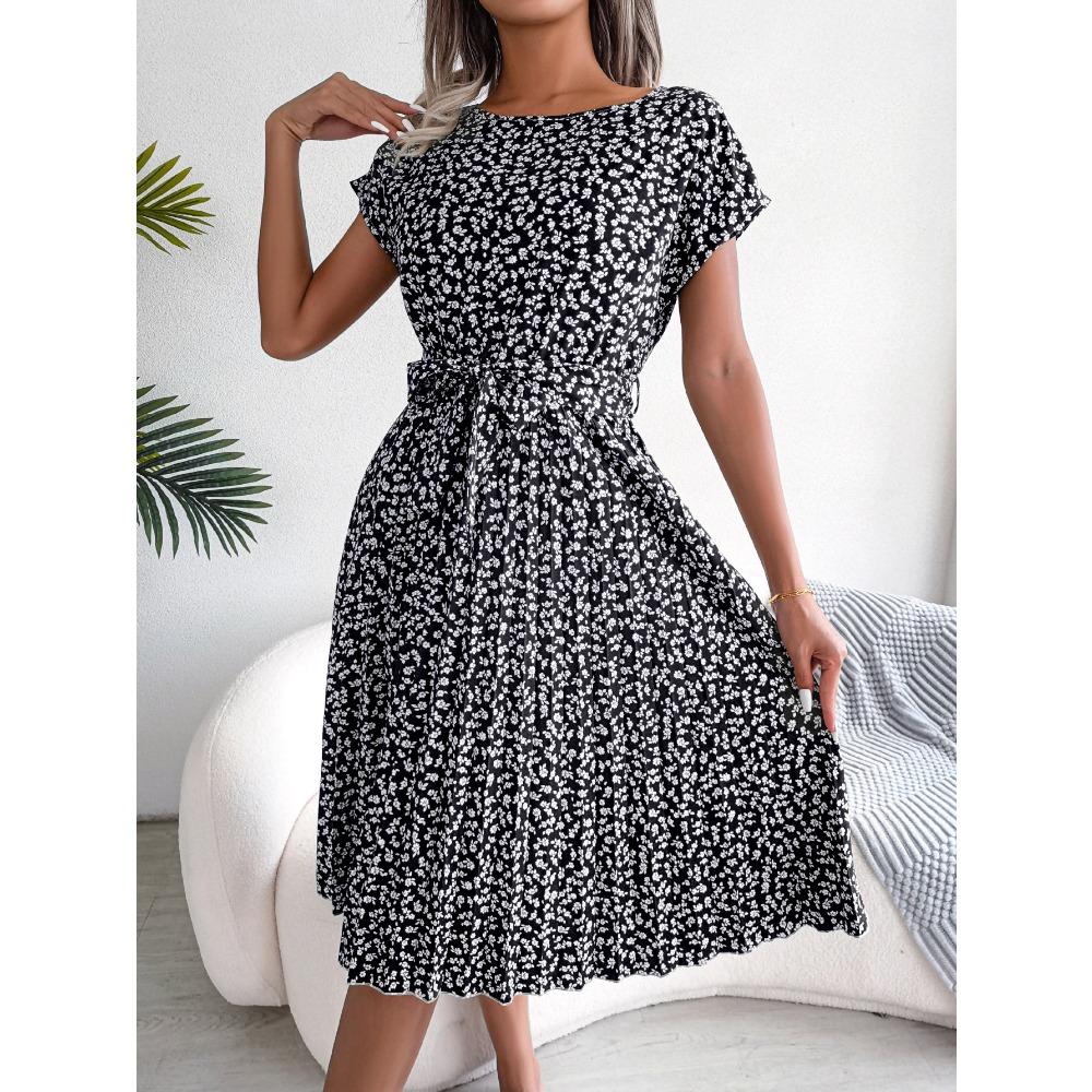 

New Casual Short Sleeve Women s Floral Dresses Swing Pleated Skirt Fashion Loose Skirt XL чорний