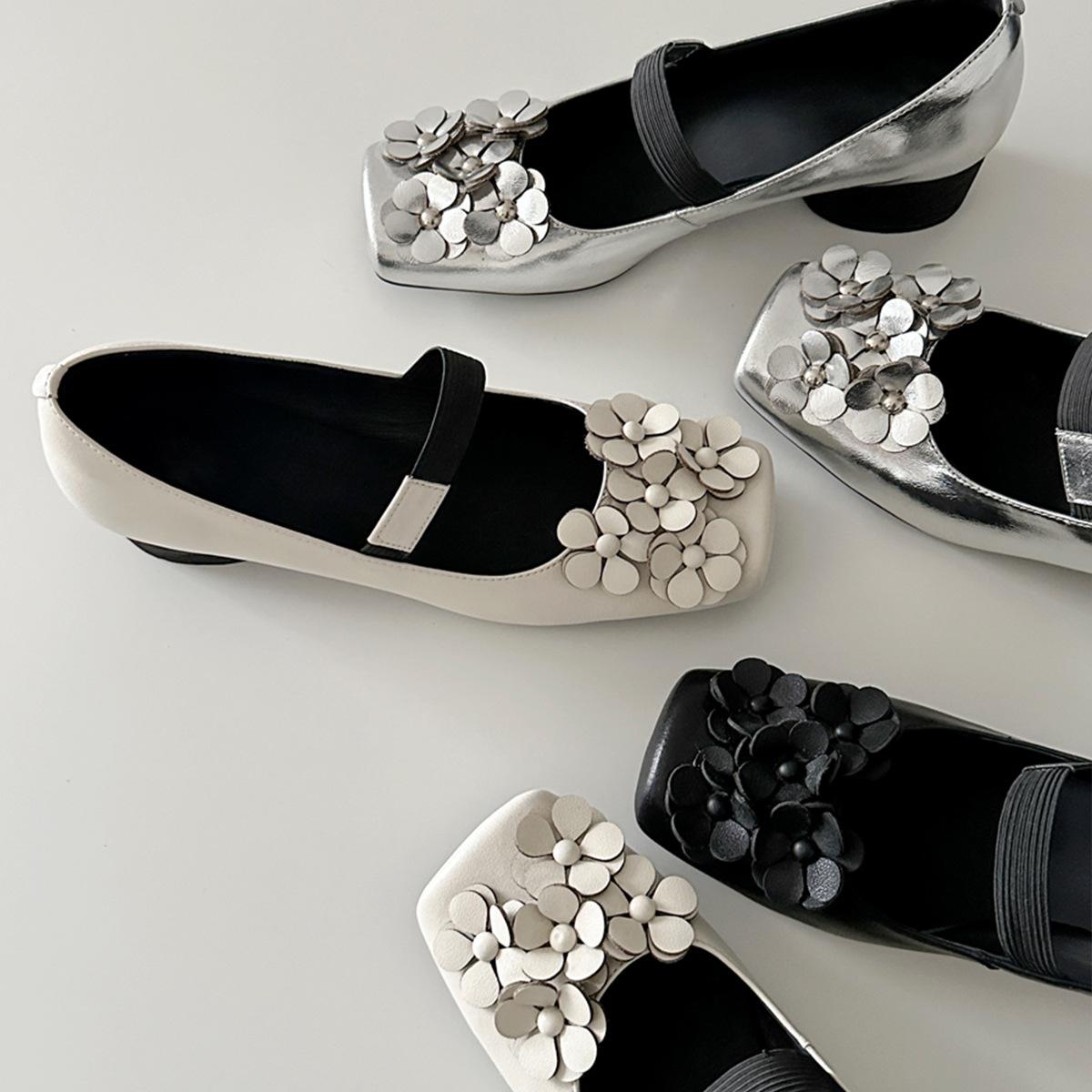 

Sheepskin version~ French flower square head thick heel Mary Jane women s shoes elastic word with temperament shallow mouth ballet shoes 35 чёрный