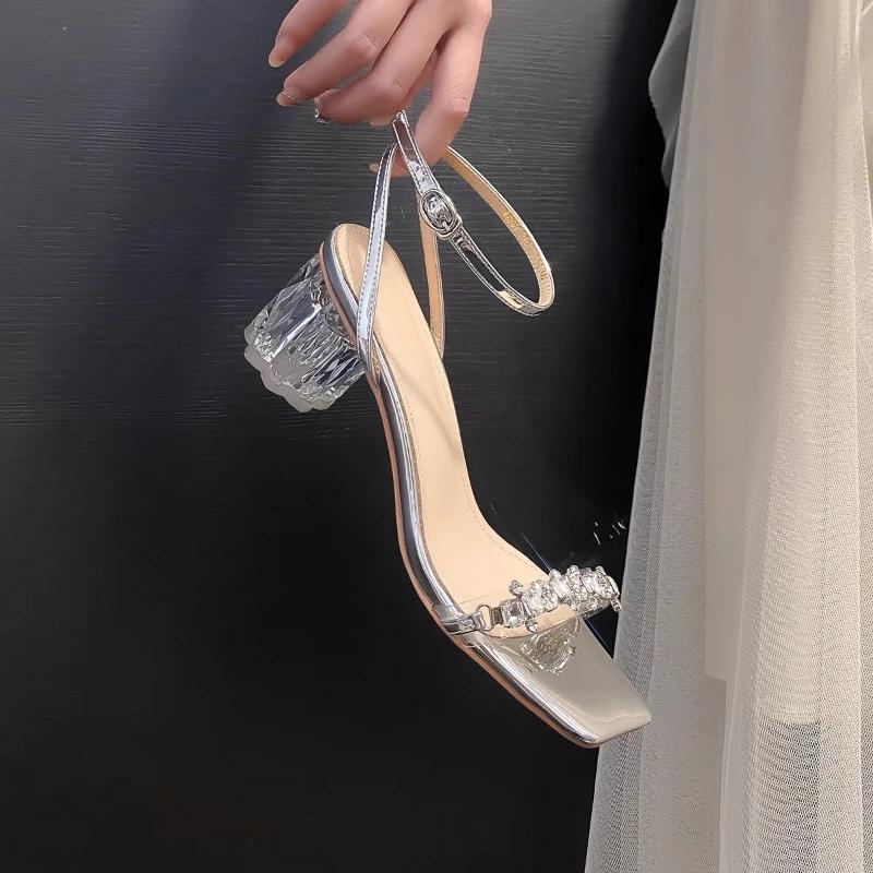 Fashion 2025 Fashionable Diamond Embellished Women's Sandals Summer Thick Heel Square Head Crystal High Heel Buckle Strap Clear Shoes