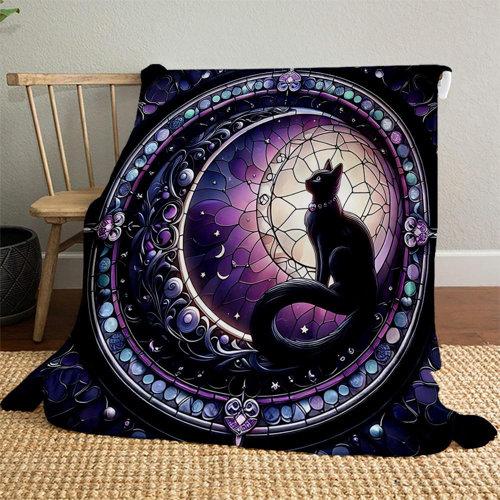 1PC Stained Glass Cat Outdoor Flannel Blanket Soft Plush Decor for Picnics, camping,Bedroom, Playroom, or Lunch Break, Perfect Gift , All Season12