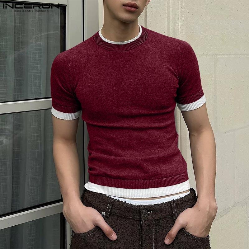 INCERUN Summer Men O Neck Short Sleeve Stitching Rib Skinny Tops T-shirts