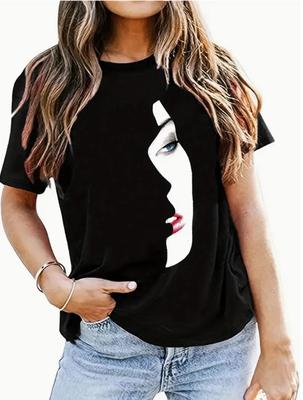 Γυναικεία μόδα Προσωποποιημένο T-shirt με ανοιχτόχρωμη σκιά προσώπου Αστεία μπλουζάκι με κοντό μανίκι με λαιμόκοψη Καλοκαιρινό γυναικείο μπλουζάκι