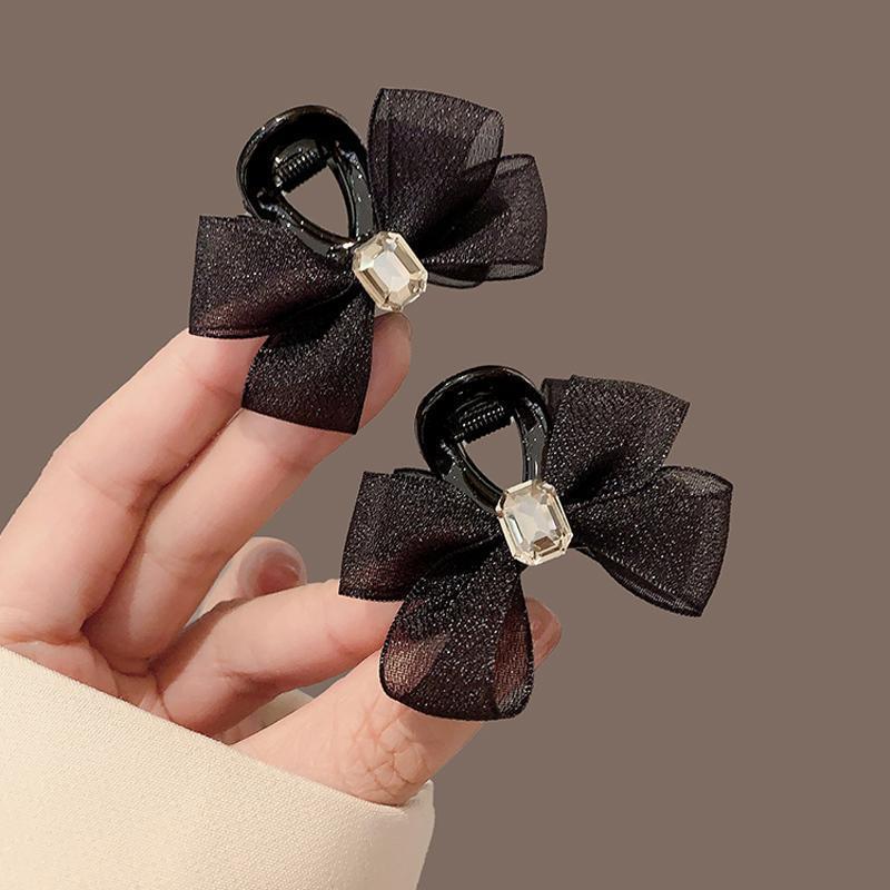 Double-Sided Rhinestone Mesh Bow Claw Clip for Bangs and Broken Hair