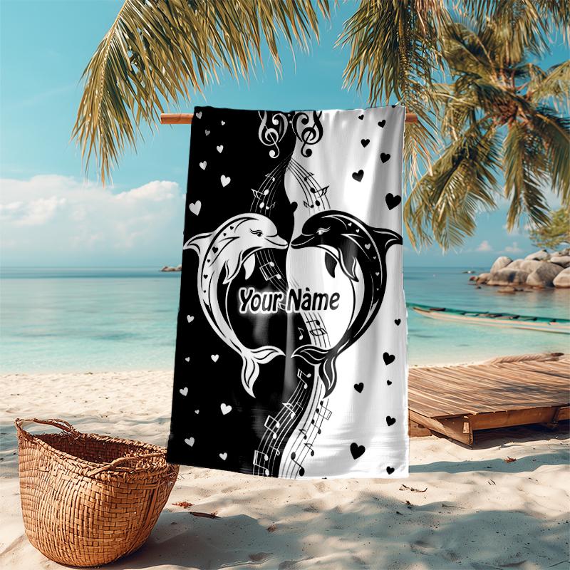 1PC Custom Name Dolphins Music Heart Beach Towel Highly Absorbent And Sand-Resistant Towel for Swimming, Pool, Yoga, And Travel Lightweight