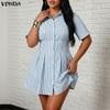 Robe Chemise Mini Rayée Décontractée à Manches Courtes et Col Revers d'Été pour Femme