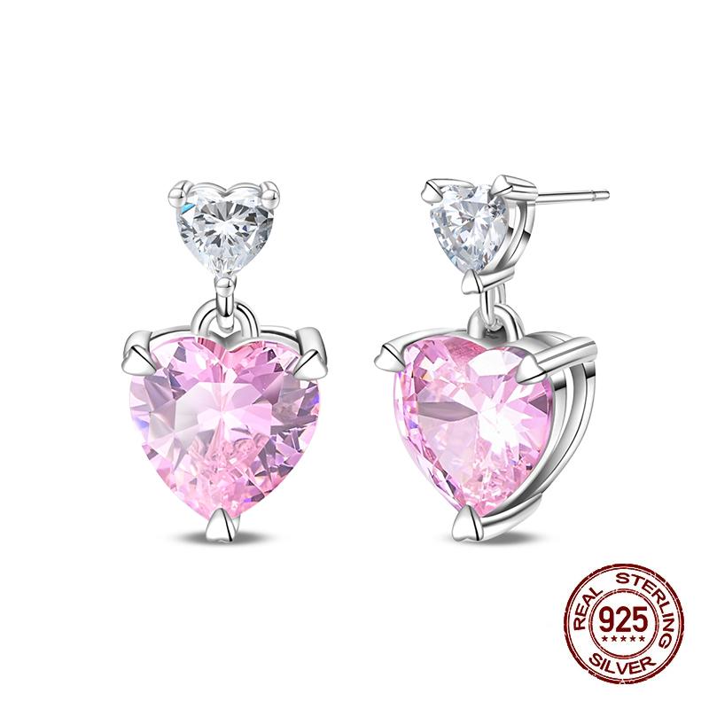 New Earring For Women 925 Silver Sparkling Cordate Zircon Pink Bow Princess Double Hoop Earrings Luxury Festival Party Jewelry