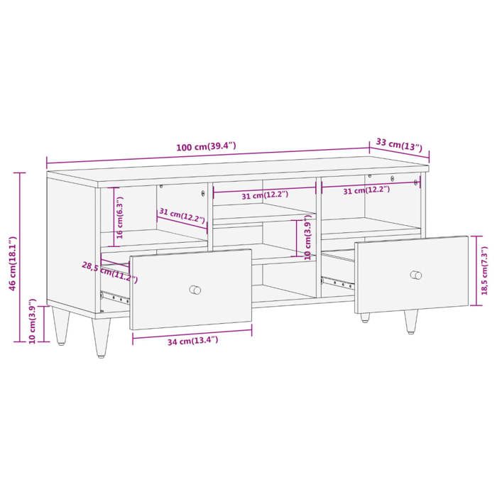 VidaXL TV Stand 100x33x46 Cm Solid Mango Wood, TV Stand, Media Cabinet, Hi-fi Cabinet, TV Unit, Multimedia Cabinet, 358266