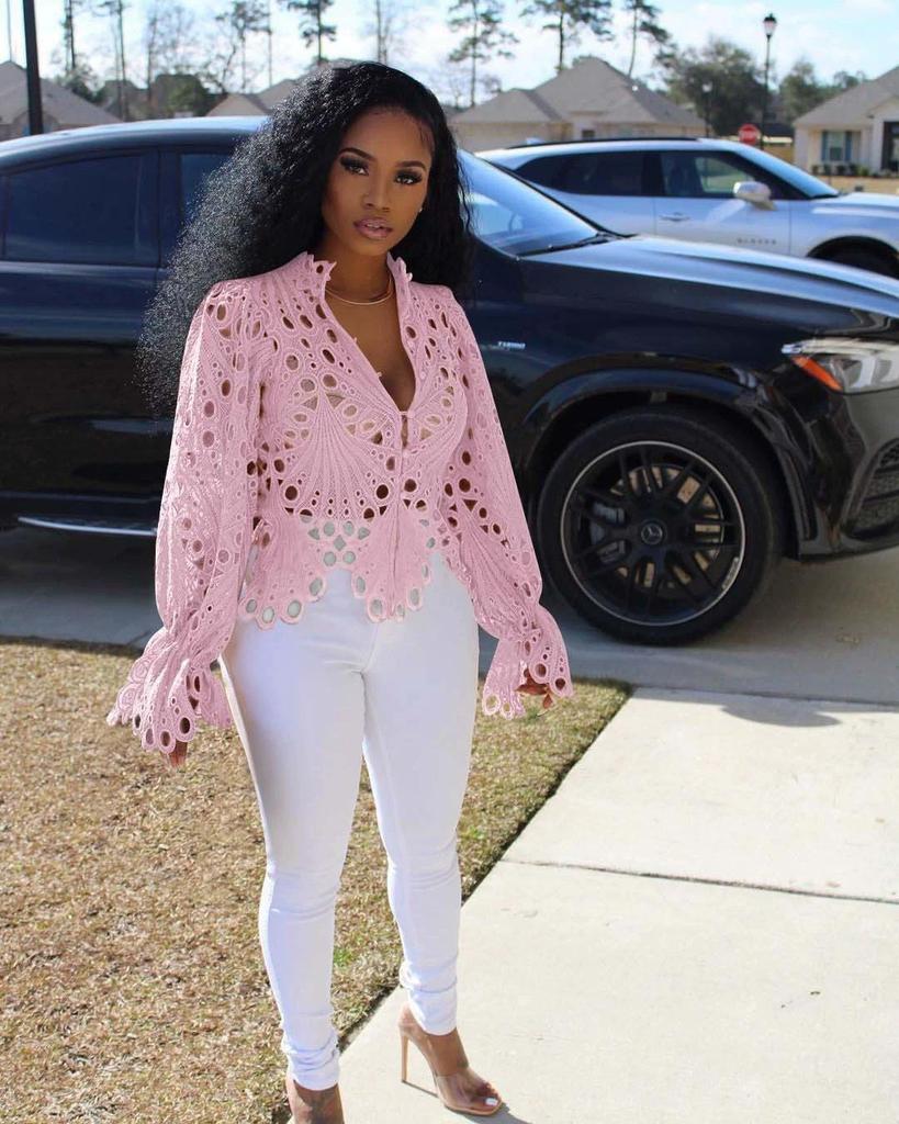 Women’s Sexy Ruffle Long Sleeve Summer Lace Tops 2026 Puff Flare Shirt V Neck Hollow Out Button Down Tunic Blouses