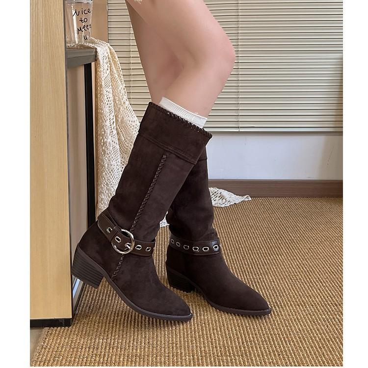 Cowhide version~ retro western cowboy boots women's 2025 new pointed belt buckle medium tube knight maillard short boots
