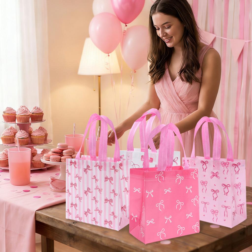 Pink Bow Non-woven Gift Bags Pink Bow Birthday Party Decorations Kids Girls Favors Gifts  Handbags Wedding Baby Shower Supplies