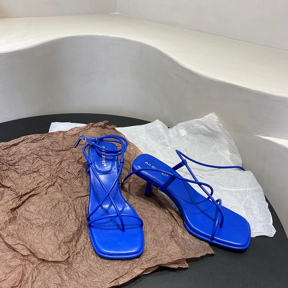 fashion Fashion Women Sandals Narrow Band Black White Blue Color Summer Dress Stiletto Thin High Heels Ankle Strap Party Pumps Size 40