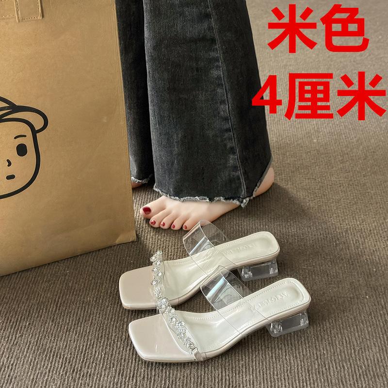 2025 This summer's new outer wear slippers female rhinestones fairy style with skirt thick heel transparent crystal and sandals