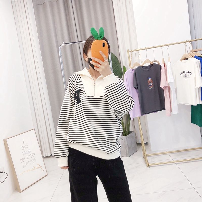 New Spring Autumn Fashion Simple Zipper Stand Panel Stripe Letter Print Casual Loose Oversized Versatile Sweater