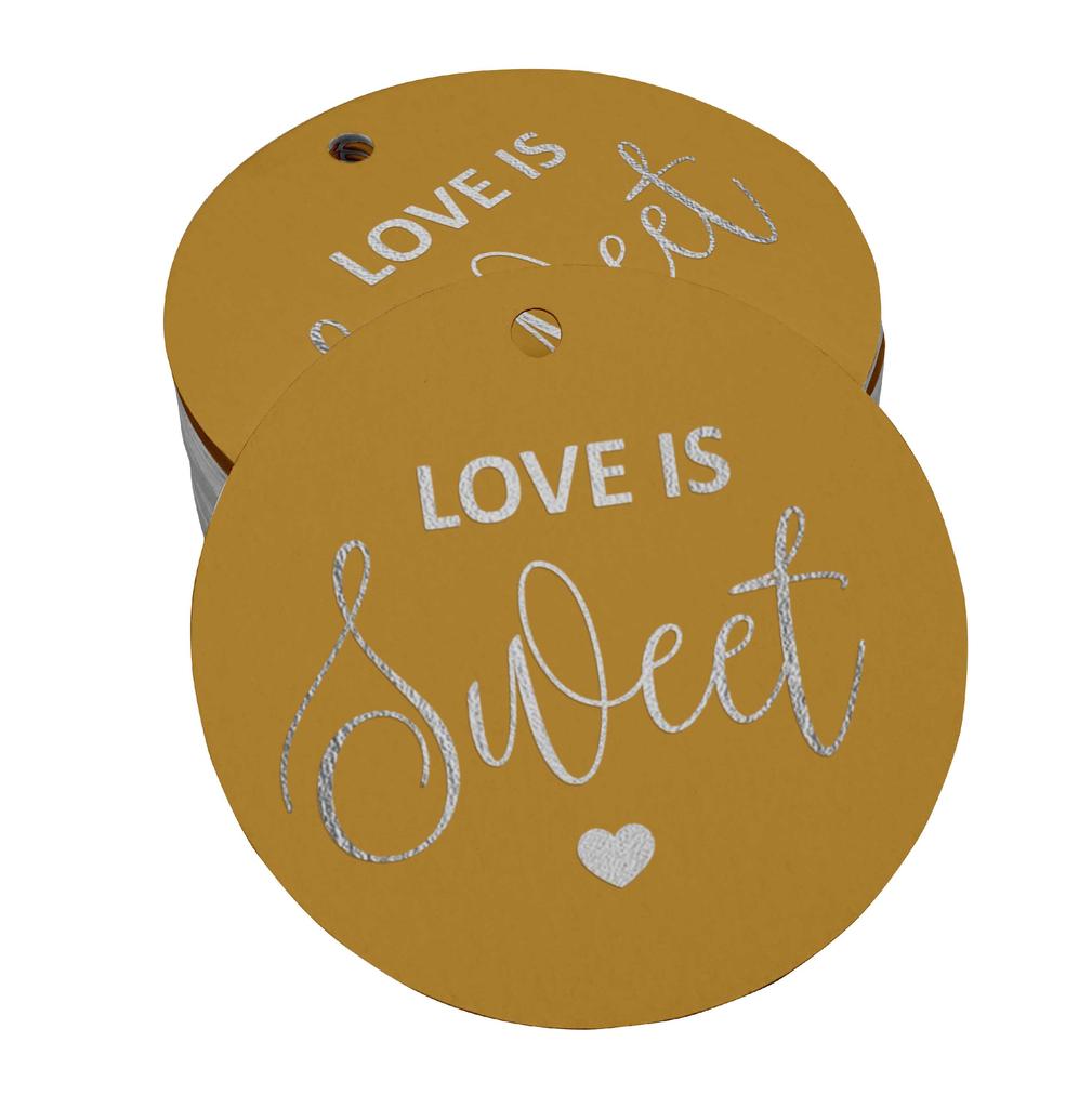 Inkdotpot 100 - Confezione da 100 etichette in carta stagnola color oro vero Love Is Sweet bomboniera da appendere