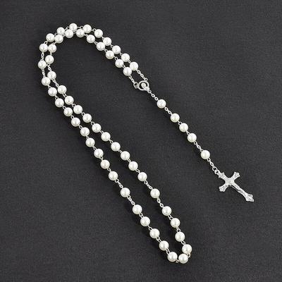 Women's Christian Fashion Faux Pearl Rosary Necklace with Virgin Mary & Jesus Cross Pendant Long Beads Chain Jewelry