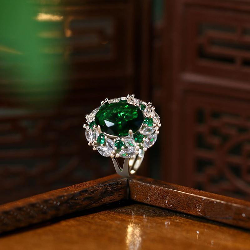 Adjustable Open Ring Women With Zircon Gemstone Oval Cabochon Vintage Luxury Style Plated Geometric Design