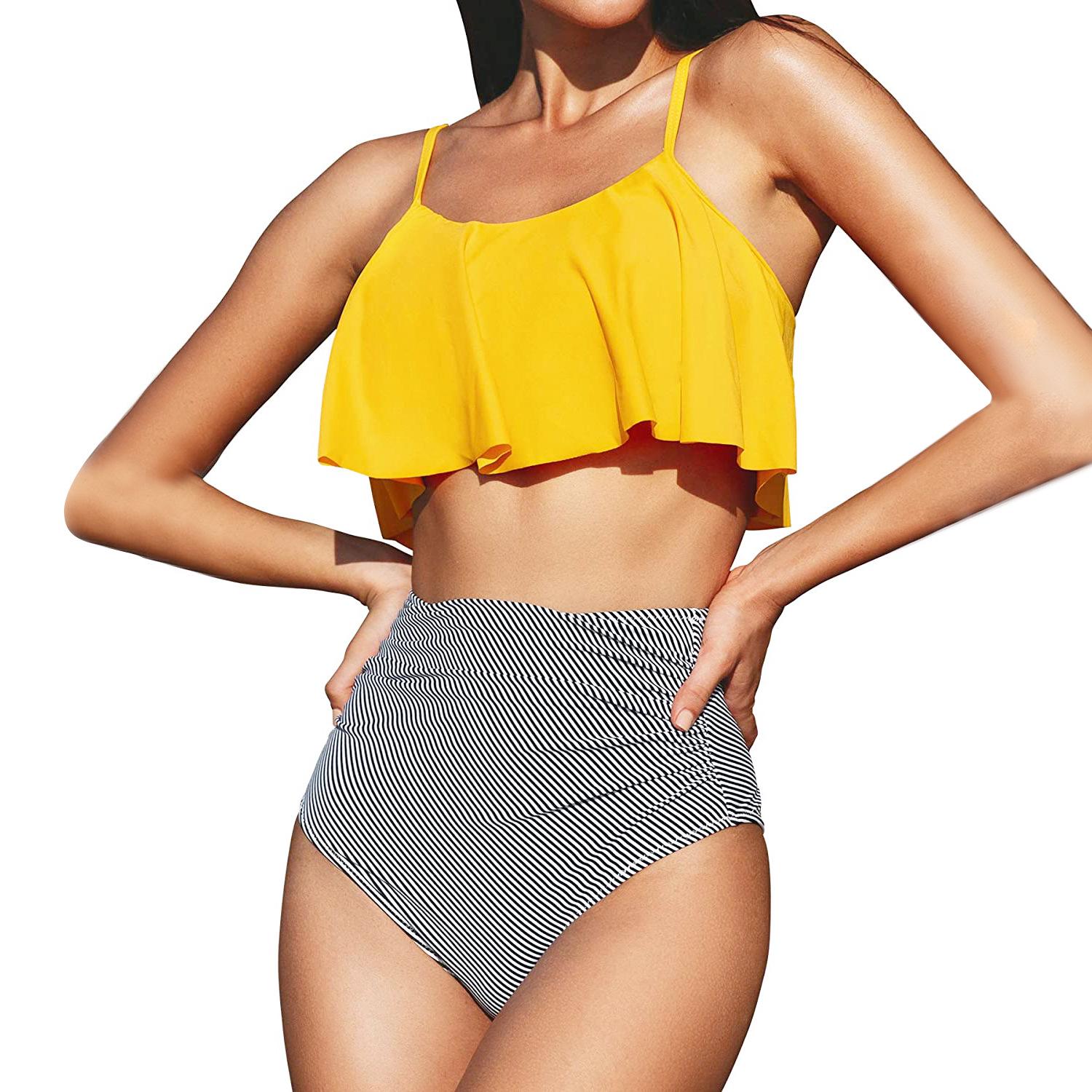 

Однотонное полосатое бикини с оборками и высокой талией 2XL жёлтый