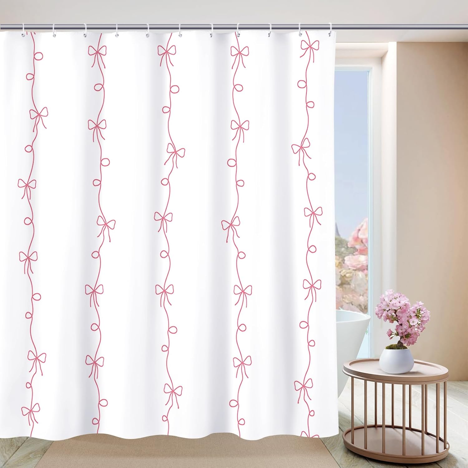 

Pink Bow Shower Curtain,Coquette Cute Bowknot Shower Curtain,Cartoon Line Bow-Tie Bathroom Decor Curtain,Romantic Pink W60H190(CM)-1 Pcs