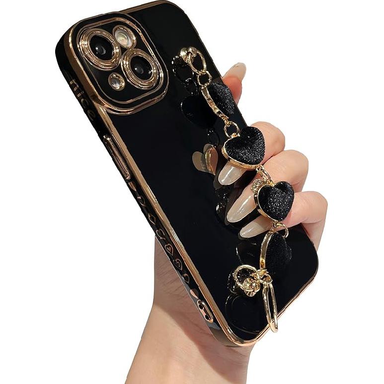 Caseative for iPhone 15 Case,Cute Plating Love Heart Wrist Strap Chain Bracelet Soft Compatible with iPhone Case for Women Girls (Black,iPhone 15)
